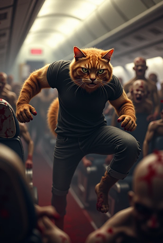### Scene 4: The Fight
* **Prompt:** "A dynamic action scene inside a train compartment, where a powerful, muscular cat is engaged in a fierce battle against a group of smaller, shadowy cats. The muscular cat swats one thief aside with a mighty paw, while another thief is being flung into a wall. The leader of the thieves tries to sneak around, but the muscular cat remains vigilant. The environment is chaotic, with seats and belongings scattered around as the fight ensues under dim lighting."