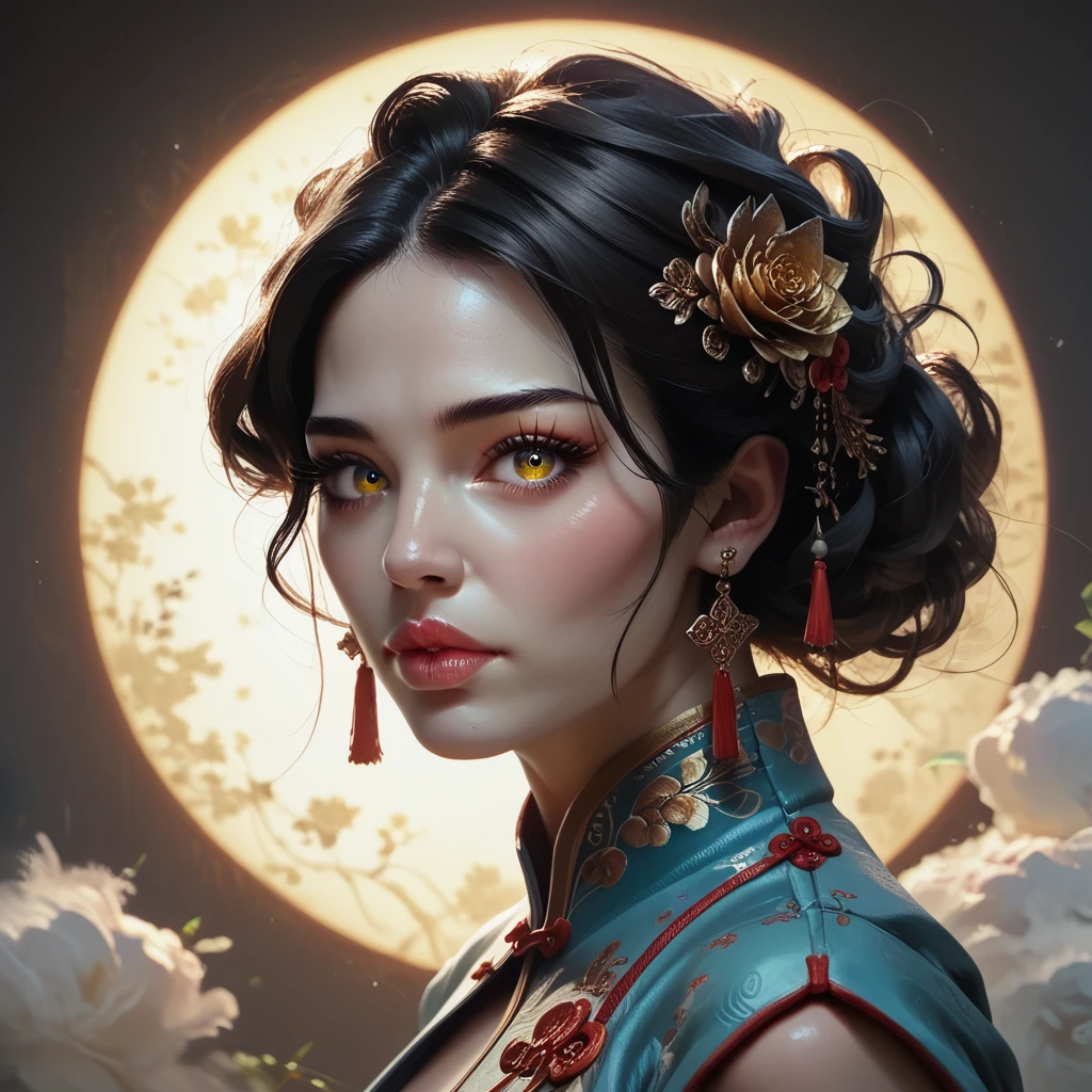 1 chinese girl in traditional dress, closeup, beautiful detailed eyes, beautiful detailed lips, extremely detailed face, long eyelashes, ornate traditional chinese dress, intricate details, golden embroidery, flawless porcelain skin, warm lighting, vibrant colors, masterpiece, hyper detailed, photorealistic, 8k, high quality, side view, looking at viewer