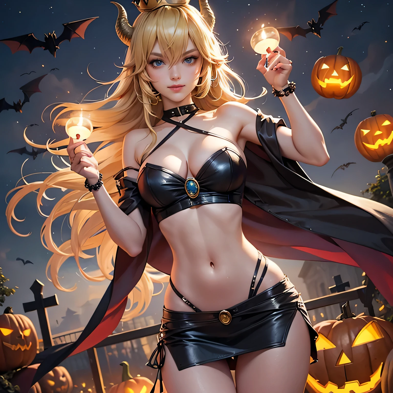 Bowsette, 1girl, dress, jewelry, blonde hair, glow hair, flowing hair, ahoge, armpits, horns, vampire costume, bare shoulders, glow eyes, vampire costume for Halloween, Halloween theme, chest sarashi, claw pose, tassel, collarbone, cowboy shot, cute ghost, hair between eyes, hair intakes, halloween, halloween costume, huge ahoge, long hair, looking at viewer, midriff, multicolored hair, vampire dress, horns on her head, smile, solo, stomach, strapless, streaked hair, thigh gap, thighs, tube top, very long hair, pumpkin lantern, candle, cemetery scenery, vampire cape 