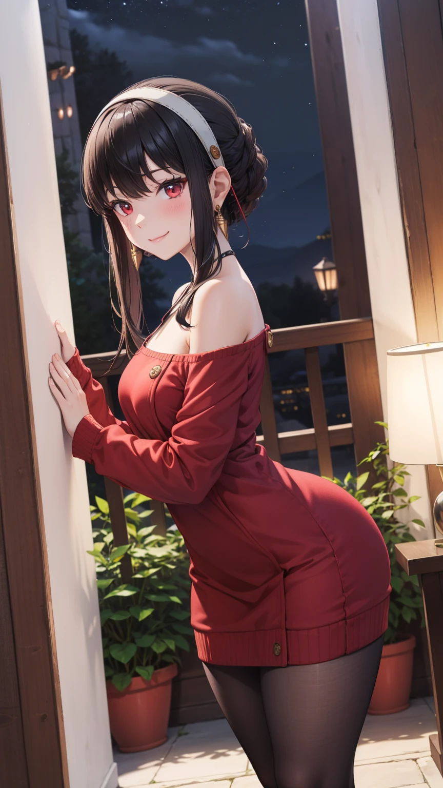 Masterpiece, ultra detail, high quality, 8k cg, blush, bright eyes, standing, outdoors, smile, (night:1.5), slim body, narrow waist,medium breast,yor briar, long hair, black hair, red eyes, off shoulder, red sweater dress, pantyhose, earrings (escotada) (heels) (desnuda) ( exposed skin) ( shiny ceramic skin ,  pushed out of the background ,  front view , brightly illuminated , ultra realista)) obra maestra, La mejor calidad, (enfocate en su trasero) (trasero levantado) (inclinada)  ((De pie, inclinado hacia adelante, manteniendo las piernas rectas.)) Desde hace tiempo(TRASERO LEVANTADO), goteando ((inclinada)) (enfocate en el culo) (culo levantado)