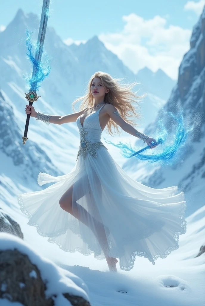 a woman with a long blade of cold ice in the style of ancient times, holding a sword with blue flames, dancing in the snow wearing a white dress with flowing long hair, a beautiful woman holding a silver longsword, adorned with jade jewels, her face filled with a confident smile, floating among the clouds with mountains in the background