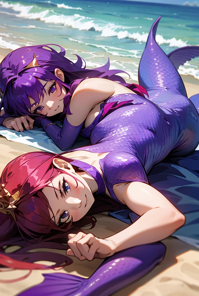 masterpiece, best quality:1.2), 1girl, smile, looking at viewer, green eyes, short brown hair, short green hair, mermaid, mermaid girl, wearing purple seashell bra, laying on beach across the sand, multicolored mermaid tail, outdoors, head fins, fin ears, under cherry blossoms, conjoined, (two heads: 1.5),