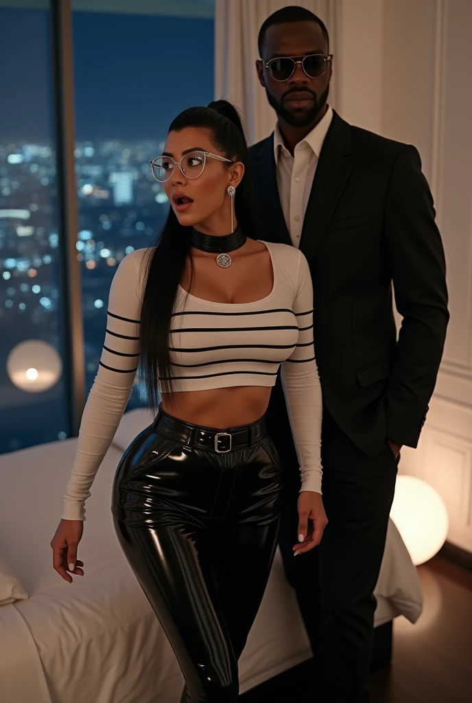 High resolution, (((House setup))), (((10 year old girl, surprised))), ((bimbo))), short black hair tied up and forming a tail, Wide hips, thick thighs, hourglass figure, his head is turned looking at the viewer sadly., huge size of ass, brazilian butt lift, (She is wearing a very sexy and sensual black lingerie dress with garter belt.), his ass is covered, (((a man is standing next to him, dressed in a gala suit))), ((He is about 70 years old and takes her to a suite)), (((he is grabbing and groping her ass))), ((his hand is squeezing her ass)), (((They grab his ass in different ways))), She is watching al espectador con tristeza, She is watching