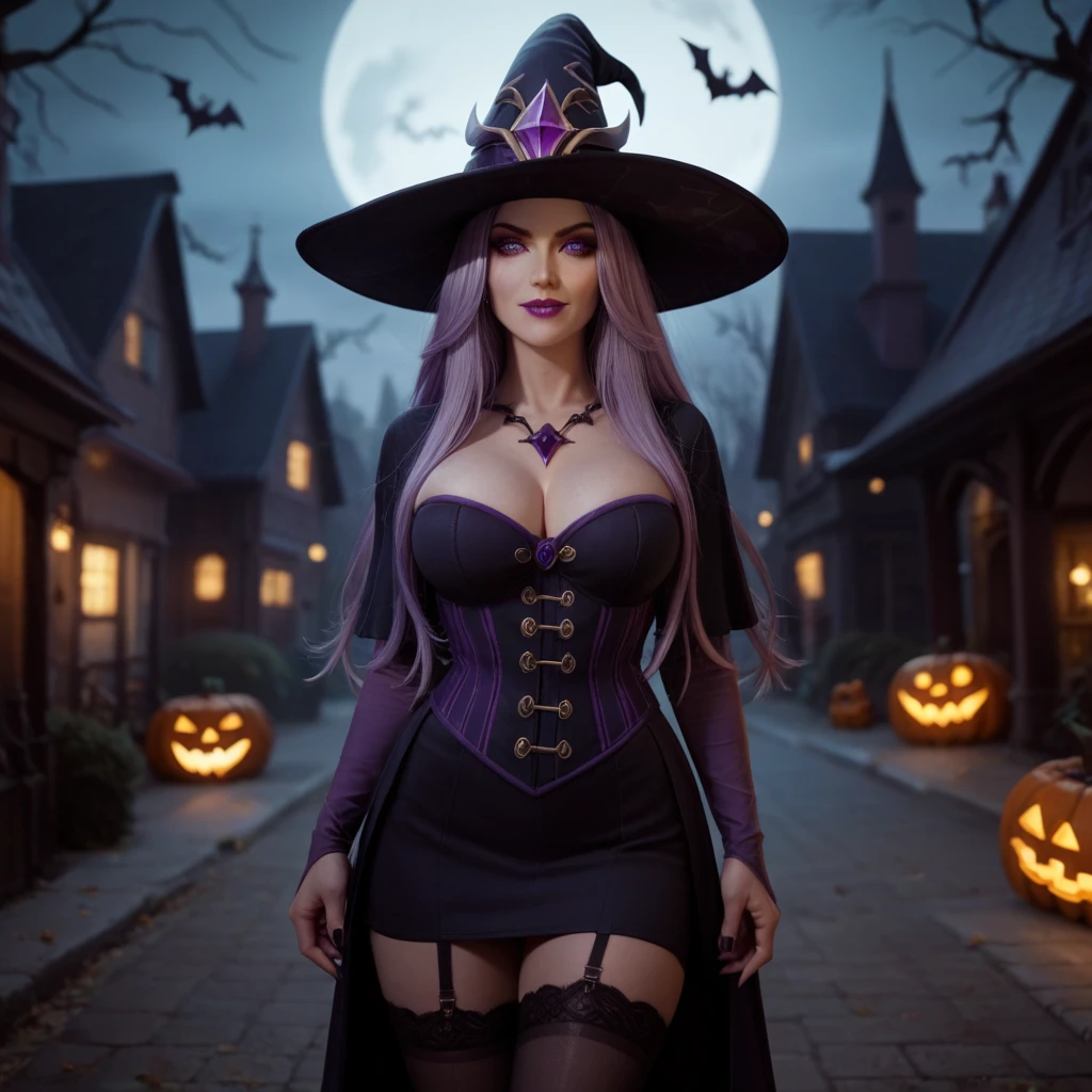 a woman in a sexy witch costume holding a bone skull and staring at the camera, 1girl, hat, witch hat, breasts, ass, solo, skull