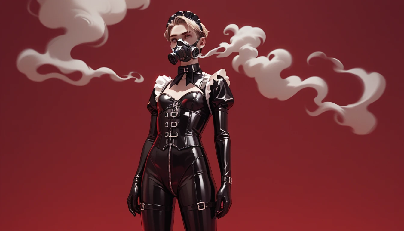 Latex sexy maid. The gas mask, is a very thin dominant Model 4 with small breasts. Black latex suit, black corset, latex gloves. A sexy pose. He stands tall. Red background. Red thick smoke in the background.