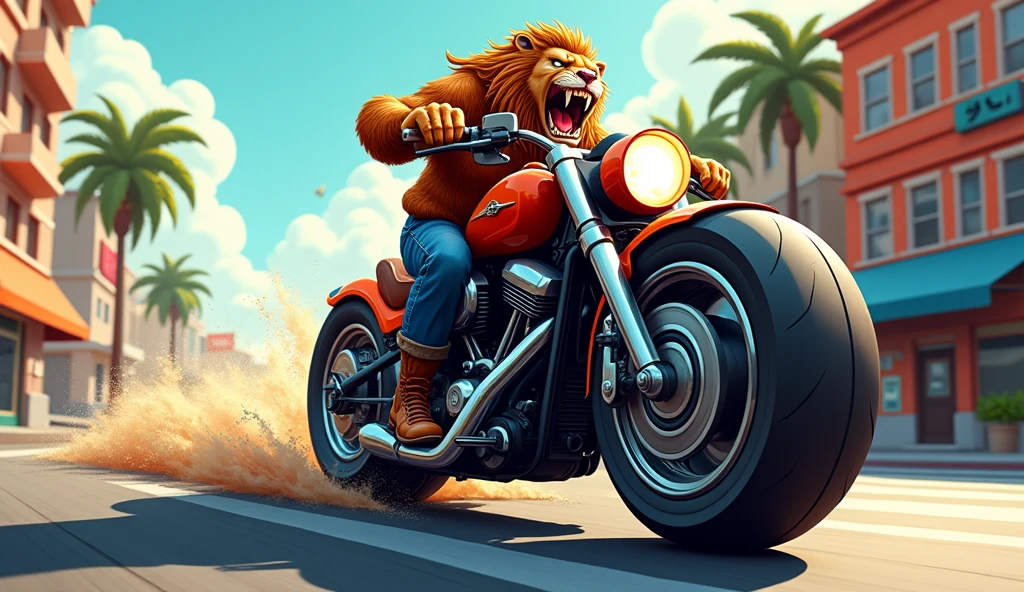 anime style cartoon, Humanized hybrid Bulldog dog wearing a black leather jacket with patches with legends of famous routes in the United States, riding a harley davidson, Sunglasses, general plan image, highly detailed, skin and fur texture, cinematographic film lighting, Set on Route 66