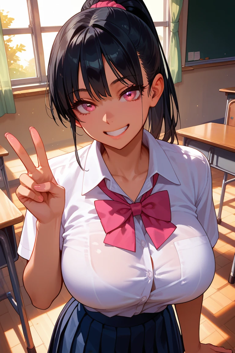 score_9, score_8_up, score_7_up, score_6_up, score_5_up, score_4_up, warm lighting, detailed eyes, high school uniform, ponytail black hair, pink eyes, smile, huge breasts, angelic, innocent, classroom, peace sign, from above