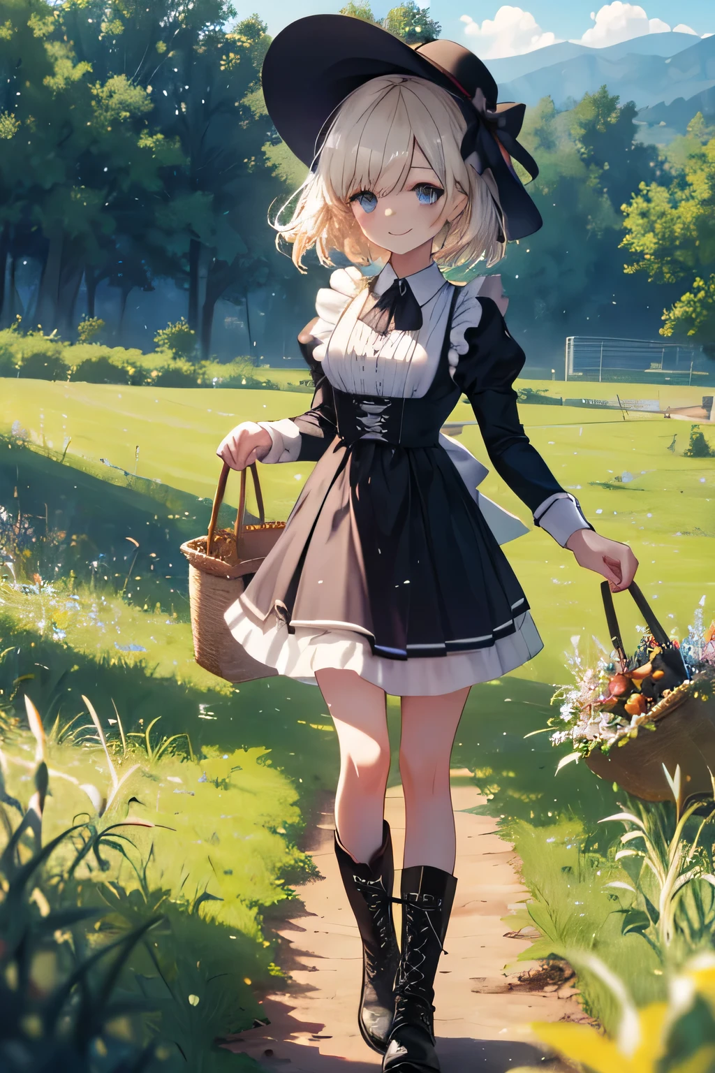  maid without a headdress girl smiling,  walking and picking up the weeds, fondo field, Out-of-town background(field), complete anatomy, graphic effects, first person, straw cap , leather boots, ( spots of wet soil ), gentle breeze, sun