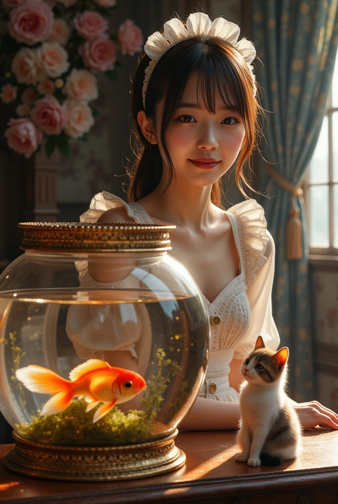 ultra-realistic, photorealistic, dramatic scene, shadow, global-illumination, solo, (teenage Japanese famous idol girl:1.5), very beautiful fragile Japanese girl, very beautiful with very cute but boyish cool face, (modern maid:1.2), (wearing a cute colored maid outfits with frills:1.2), (very large breasts), slim waist, smile, at the antique room in the European castle, antique furnishings, flowers, She watches goldfish in a gorgeous decorated large goldfish bowl with some fat cats nearby, the goldfish is swimming in the transparent clear water, 