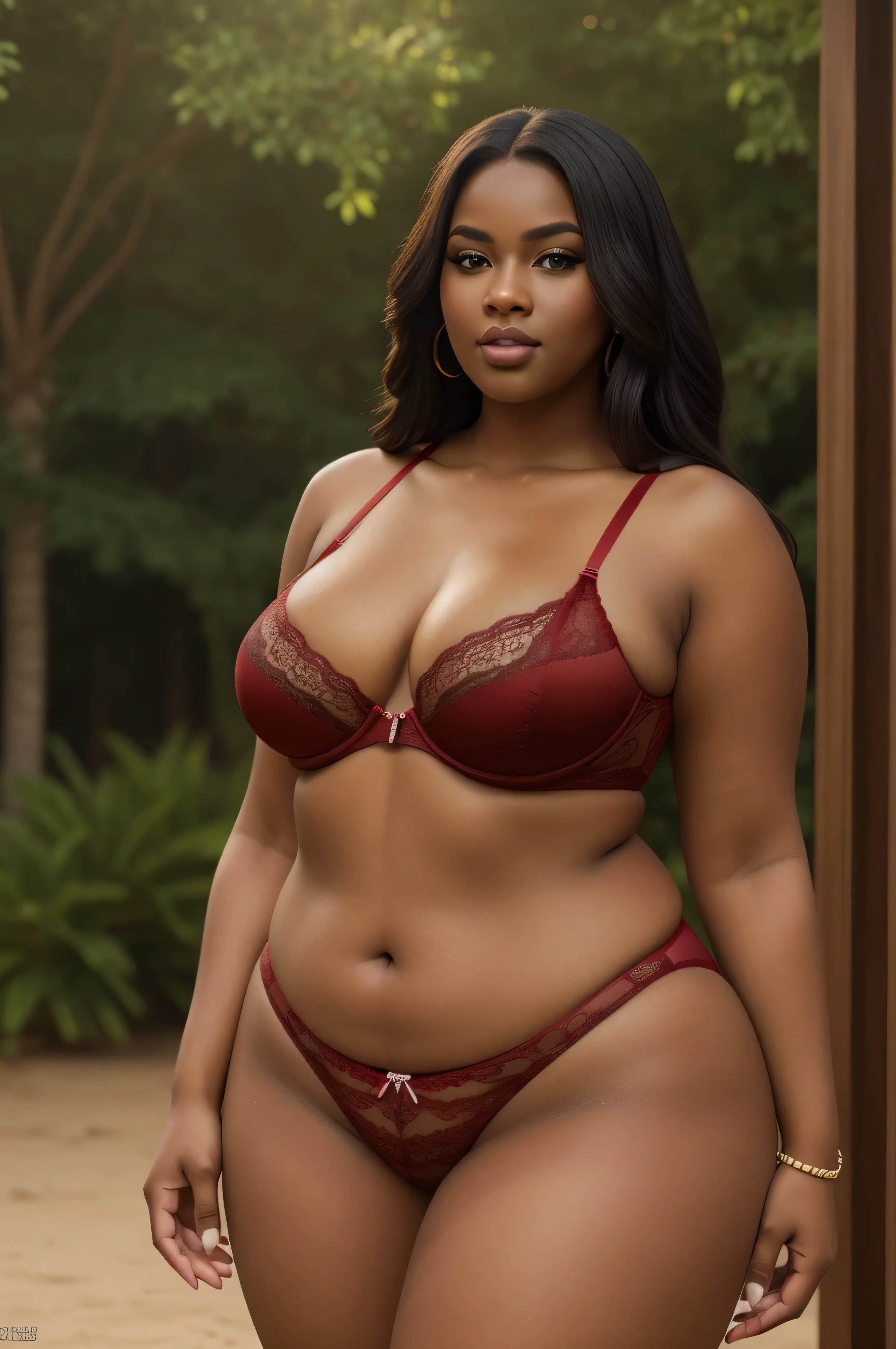 curvy plus size bbw black woman, full body photo, (((she has her back to the camera))), extremely curvy body, (((wearing a red lingerie))), showing the ass, beautiful detailed eyes, beautiful detailed lips, extremely detailed eyes and face, long eyelashes, realistic, photorealistic, photo-realistic:1.37, 8k, ultra-detailed, masterpiece:1.2, vibrant colors, warm lighting, natural environment, lush, detailed background, realistic skin texture