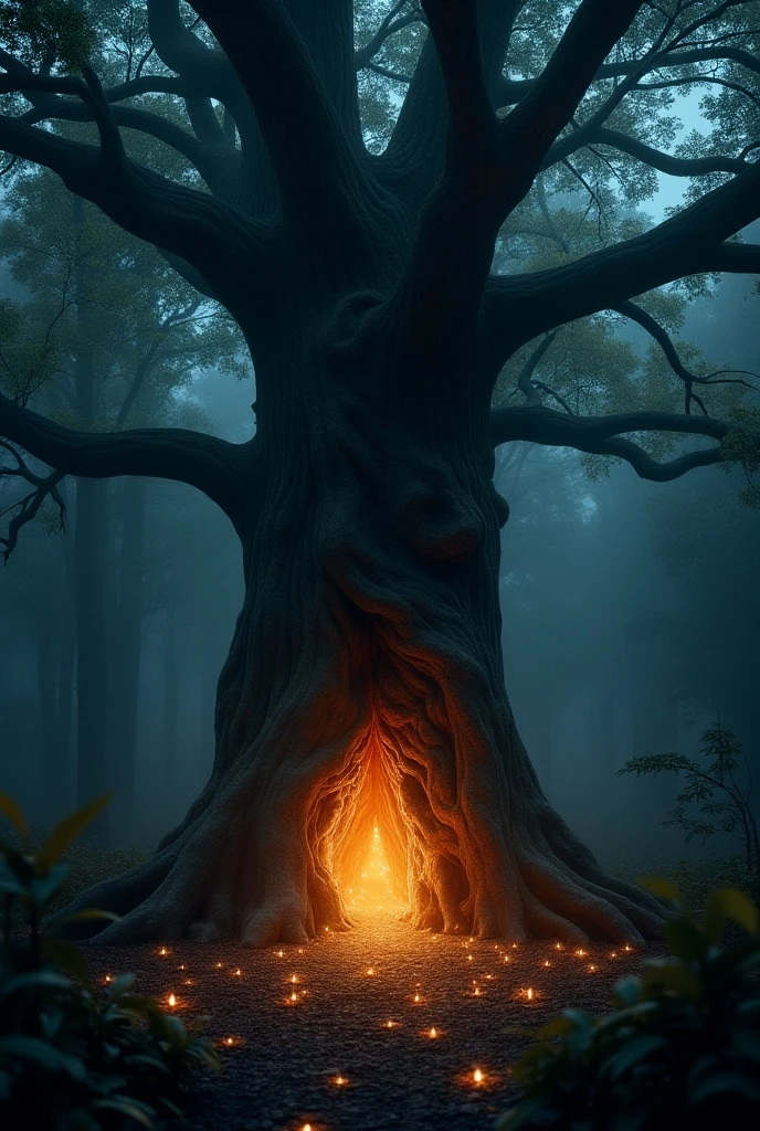 a large ancient tree in a dark mysterious forest, warm light glowing from a hollow in the trunk, sparkling light particles floating around the hollow, highly detailed, realistic, cinematic 8K lighting, photographic quality, chiaroscuro, dramatic shadows, vivid colors