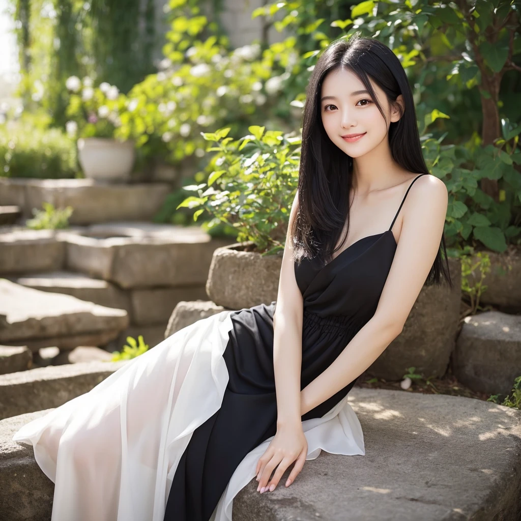 Woman sitting on stairs in a white dress, Beautiful smile, 23years old,idoly
