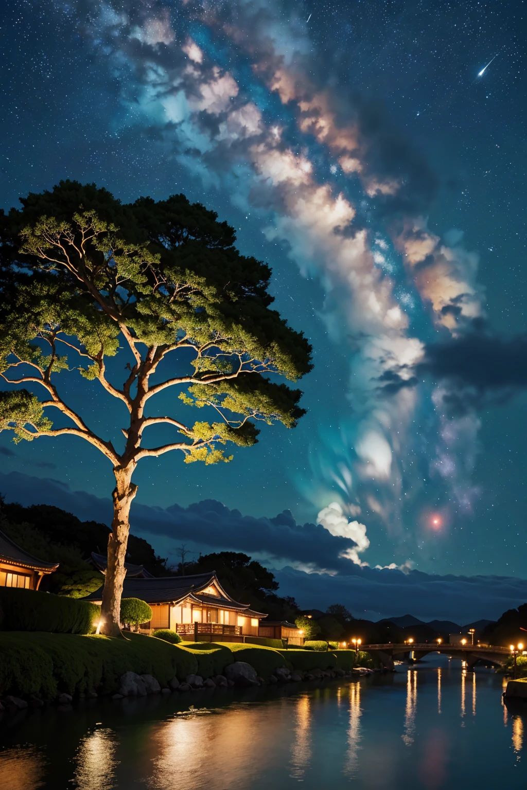 ( 魔法のような美しい夜空緑のストリームオーバーレイシーン), (Sky Porn), (cloud),  soft lighting , Clean Background,   beautiful view ,  table top,  high quality,  beautiful graphics ,  Attention to Details , Stunning Scenery , garden, flower, cloud, (Night starry sky, River behind, Behind a big old tree, 光沢のあるピンクのflowerびらが背中に落ちる )