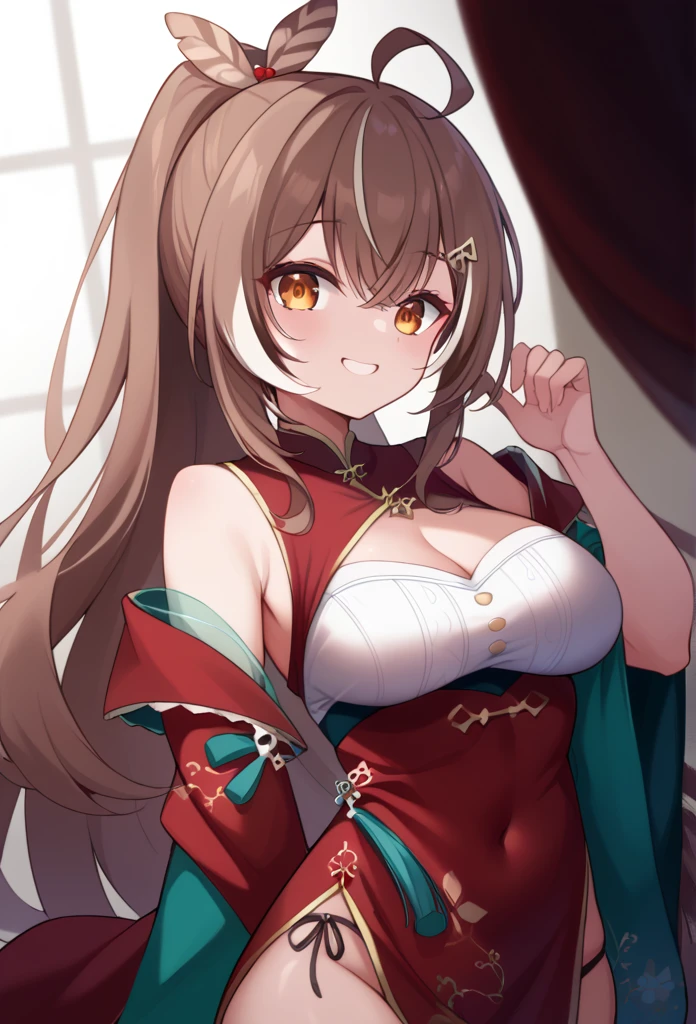 1 Girl、 virtual YouTuber、ho****ve、Seven Poems、Brown Hair、Long Hair、Hair accessories、超Long Hair、 Brown Eyes 、breast、茶色羽のHair accessories、ahoge、Striped Hair、Multicolored Hair、 ponytail、hairpin、cleavage、Mid-chest、 Chinese clothes、 sexy、smile、lure、Chirarizum、whole body