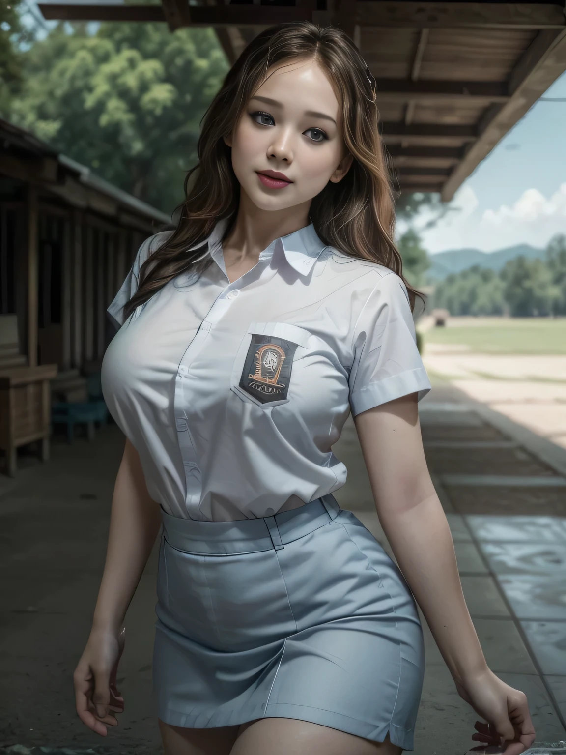 Jennifer Lawrence, solo, (uniform), standing, outdoors, (ultra wide angle shot: 1.4), beautiful scenery, detailed face, seductive smile, detailed eyes, thick breasts, smooth skin, tight white shirt, grey blue short skirt, looking at the audience, low angle shot,(8k, RAW photo, best quality, masterpiece: 1.2), (realistic, realistic: 1.37), ultra-high resolution