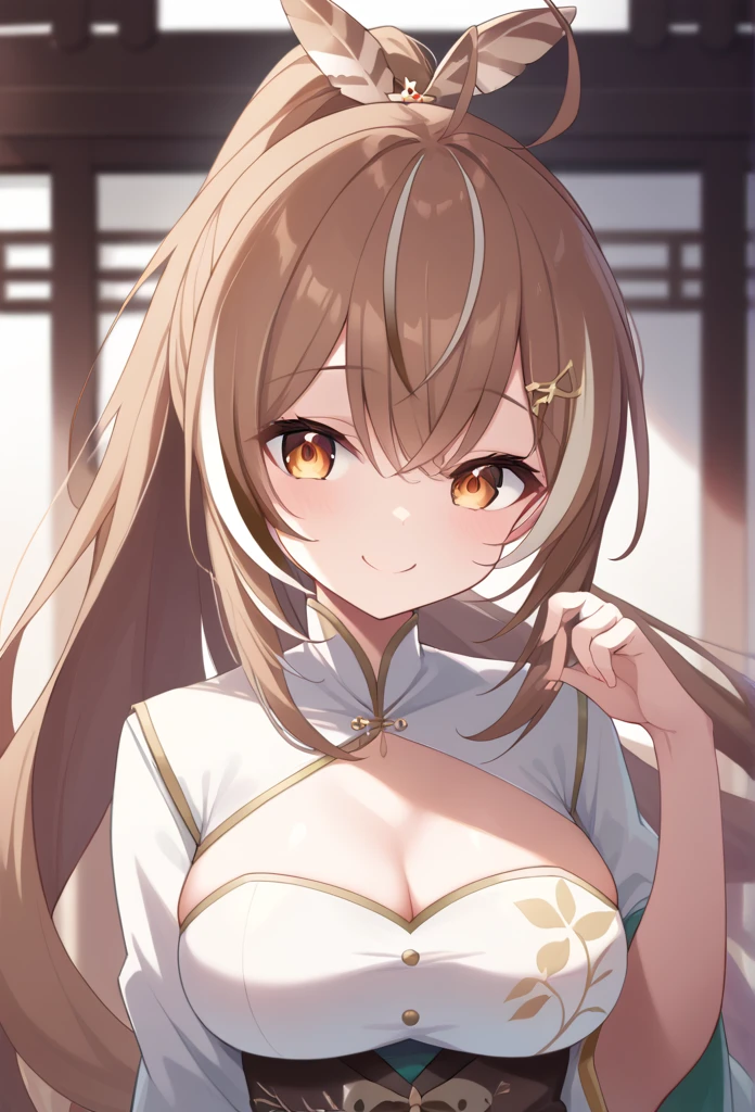 1 Girl、 virtual youtuber、hololive、Seven Poems、Brown Hair、Long Hair、Hair accessories、超Long Hair、 Brown Eyes 、breast、茶色羽のHair accessories、ahoge、Striped Hair、Multicolored Hair、 ponytail、hairpin、cleavage、Mid-chest、 Chinese clothes、 sexy、smile、lure、Chirarizum