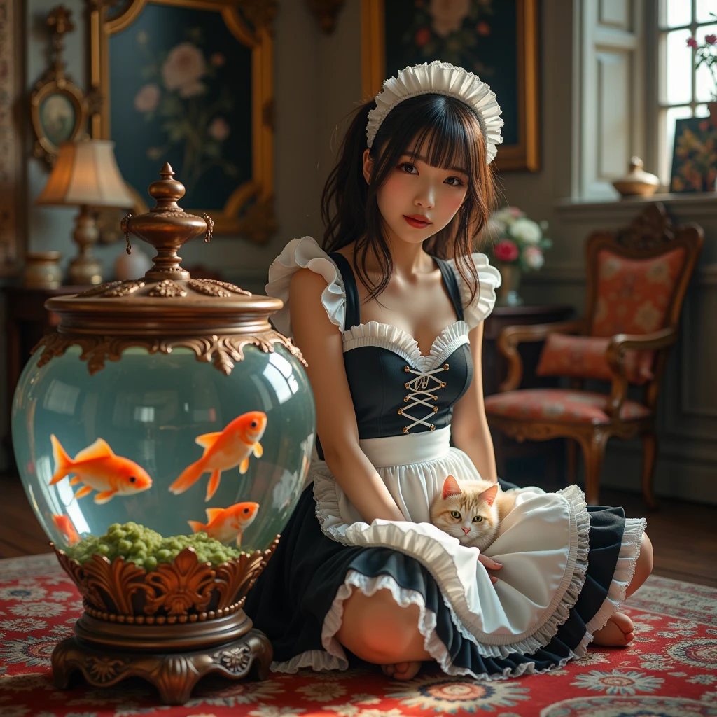 ultra-realistic, photorealistic, dramatic scene, shadow, global-illumination, solo, (teenage Japanese famous idol girl:1.5), very beautiful fragile Japanese girl, very beautiful with very cute but boyish cool face, (modern maid:1.2), (wearing a cute colored maid outfits with frills:1.2), (very large breasts), slim waist, smile, at the antique room in the European castle, antique furnishings, flowers, She watches goldfish in a gorgeous decorated huge goldfish bowl with a huge fat cat nearby, the goldfish is swimming in the transparent clear water,
