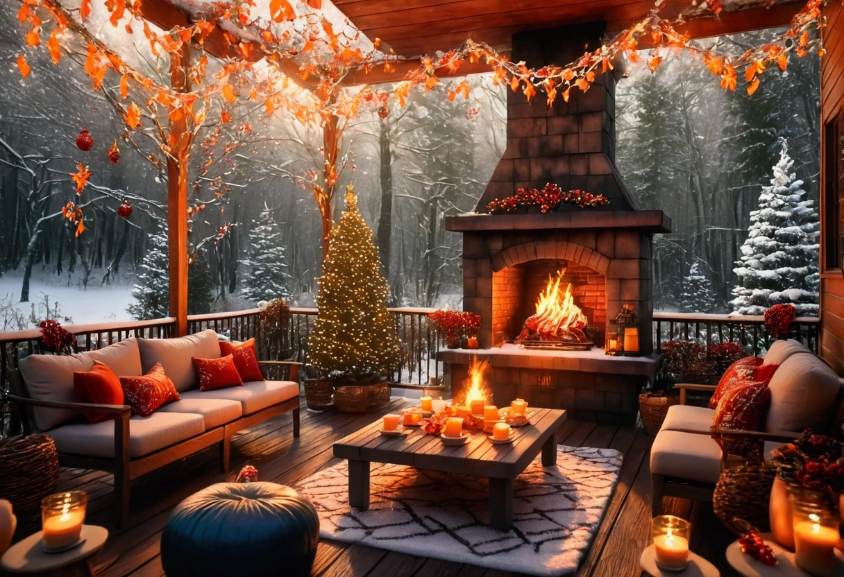 A cozy backyard porch. The deck is adorned with christmas decorations. An ambient glow is created by a fireplace. Patio furniture surrounds a coffee table. Steaming cups of coffee and candles are sitting on top of the coffee table. The patio is surround by a snowy forrest. 