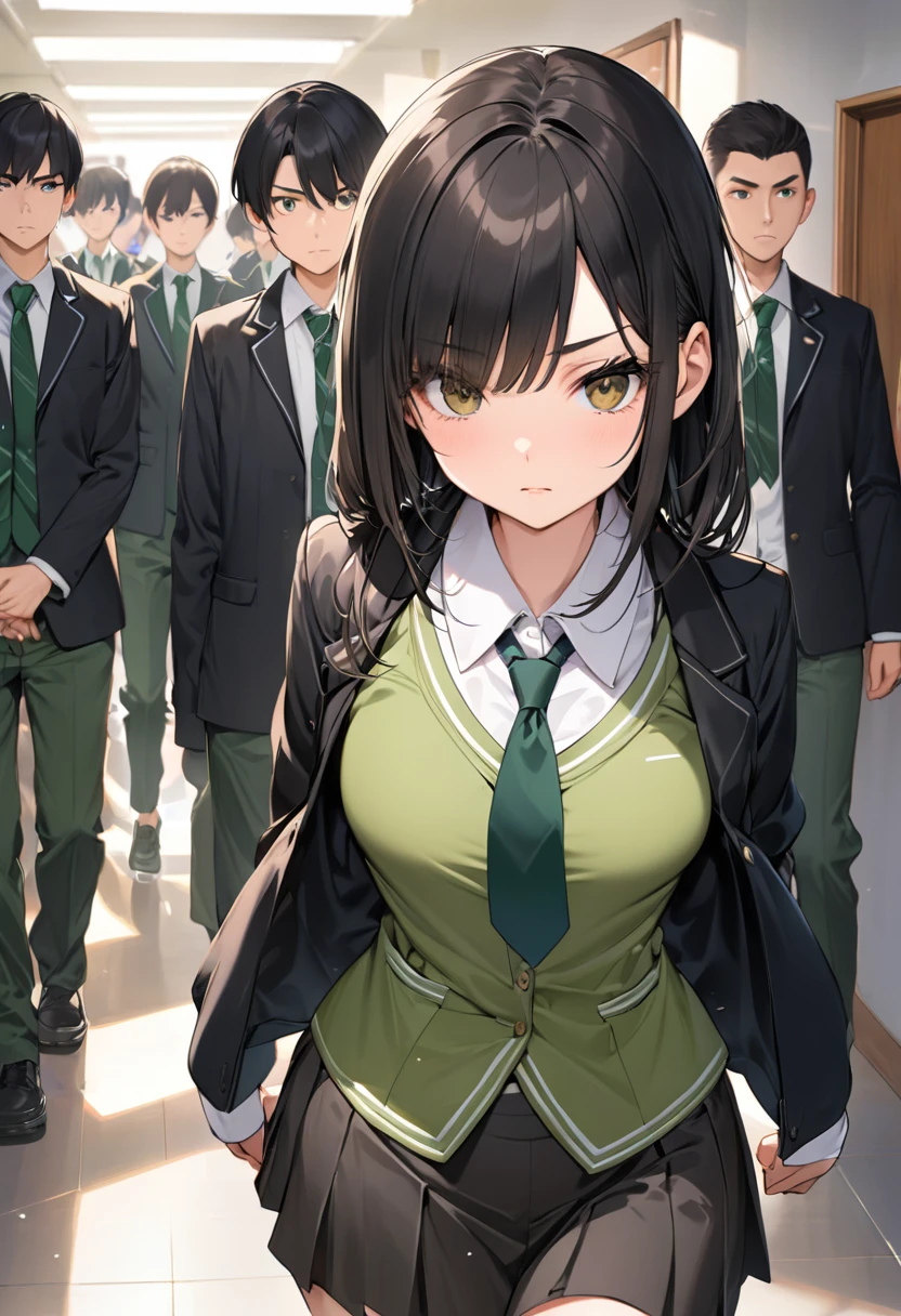 until, high quality , excellent resolution, Girl alone,  beautiful face,  well-defined features , serious face, brown eyes,  long black hair that extends to the waist ,  the fringe of her hair covers one eye ,  well-proportioned body , You can see the curvature of her hips ,  wears elegant black jacket ,  school blouse with collar in white color , Green tie,  plank miniskirt in green color , white socks and school shoes,  the girl is walking in a school corridor ,  wears small lenses for reading ,  followed by several boys wearing a black jacket ,  balance shirt and olive green pants ,  stamps look fuzzy and the girl appears in the foreground walking elegantly sure of herself