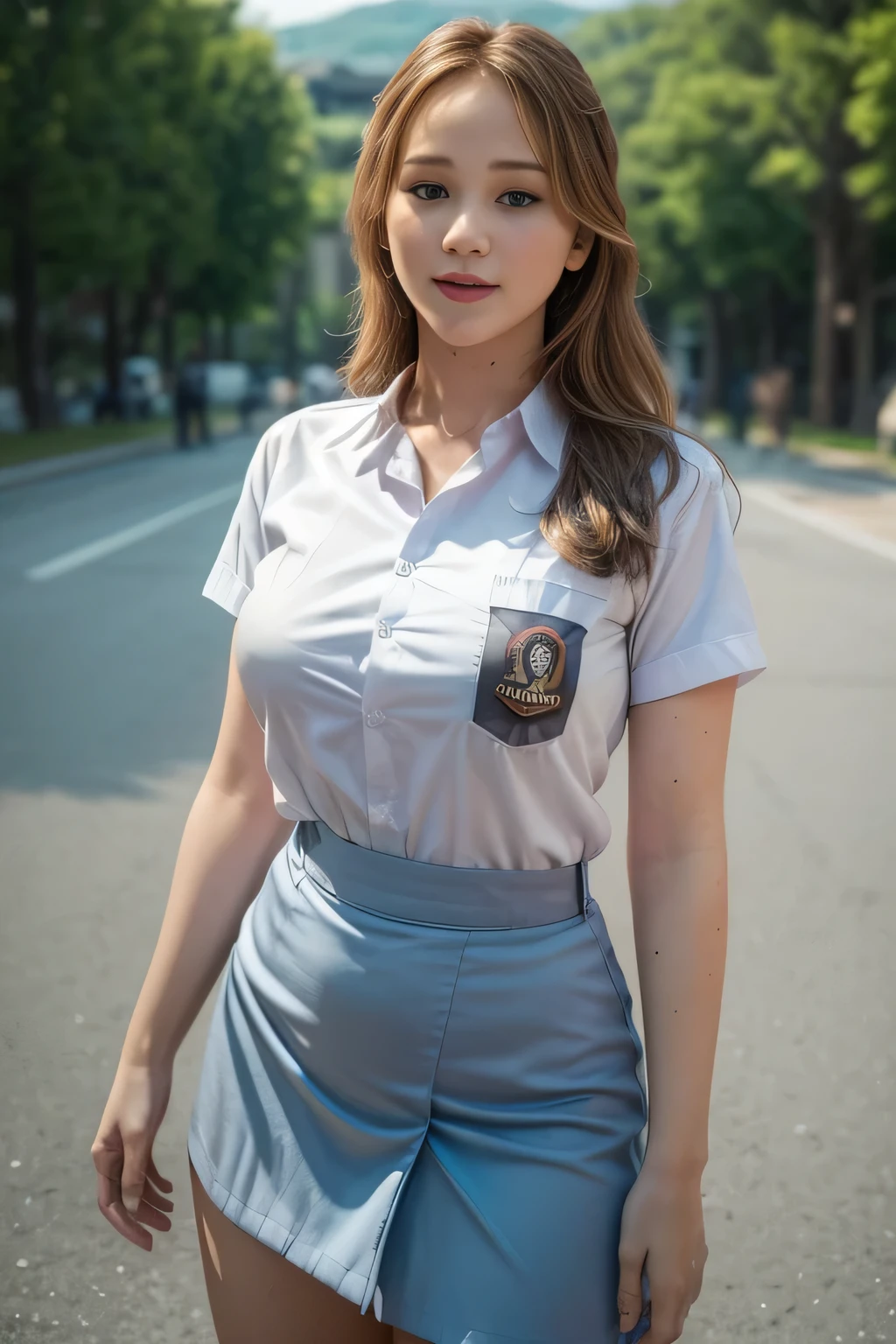 Jennifer Lawrence, solo, (uniform), standing, outdoors, (ultra wide angle shot: 1.4), beautiful scenery, detailed face, seductive smile, detailed eyes, thick breasts, smooth skin, tight white shirt, grey blue short skirt, looking at the audience, low angle shot,(8k, RAW photo, best quality, masterpiece: 1.2), (realistic, realistic: 1.37), ultra-high resolution