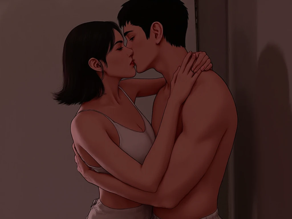 Asian Women hugging Asian Men from behind his body, Hugging Spooning position, Spooning position in ground of field, men are fully naked no clothes on while women with clothes on, comic artstyle 2D