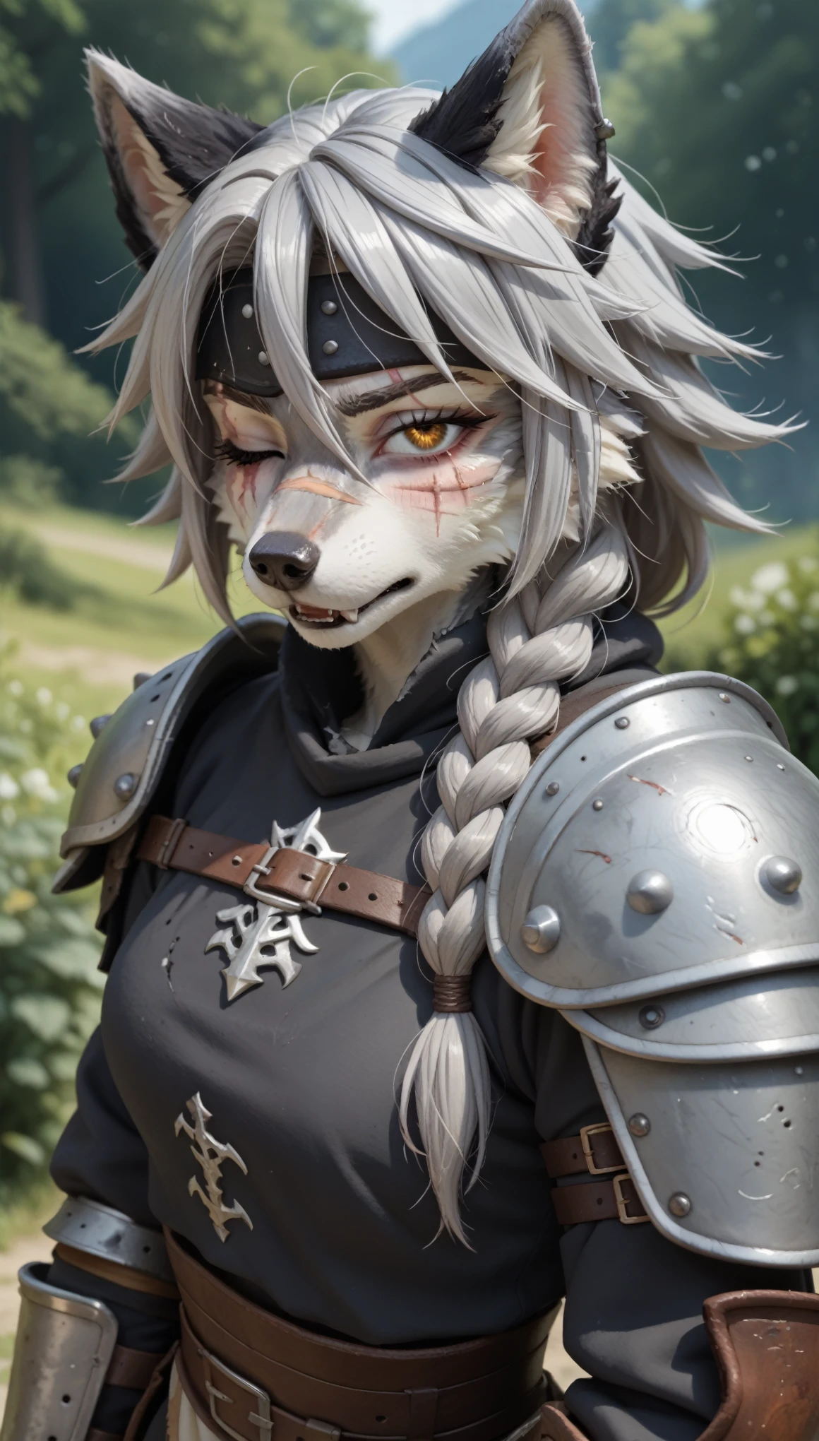 (zPDXL2), (PonyXLV6_Scores), source_anime, source_anthro, source_furry, rating_explicit, Expressiveh, three-quarter portrait, asymmetric image, colored image, BREAK
lhata4564, female, (long braid haircut silver hair, detailed body), solo, (female wolf, shy, wolf girl, furry body, fluffy tail, grey and black fur, strong face, face scars), (right eye closed, one eye, right eye damaged, eye scar:1.35), (wolf ears, one ear, right ears damaged1.35),(medieval fantasy mercenary outfit, outdoors background