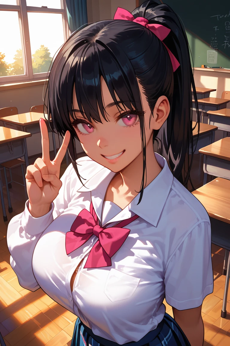 score_9, score_8_up, score_7_up, score_6_up, score_5_up, score_4_up, warm lighting, detailed eyes, high school uniform, ponytail black hair, pink eyes, smile, huge breasts, angelic, innocent, classroom, peace sign, from above