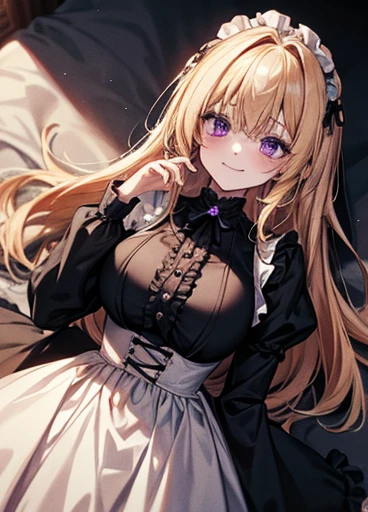 {Golden Hair}{Lori gothic }{female}、Purple Eyes、 gothic fashion、かわいいfemaleの子、Arranged Hair、{Ruffled clothing、darkness堕ち、Illness、}、 face up、darkness、{Maid}{mysterious}{High image quality}、smile、darkness、Big Breasts、 Long Sleeve 、Moe sleeves、Light