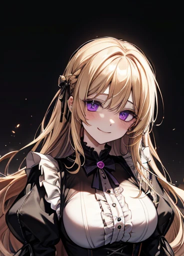 {Golden Hair}{Lori gothic }{female}、Purple Eyes、 gothic fashion、かわいいfemaleの子、Arranged Hair、{Ruffled clothing、darkness堕ち、Illness、}、 face up、darkness、{Maid}{mysterious}{High image quality}、smile、darkness、Big Breasts、 Long Sleeve 、Moe sleeves、Light