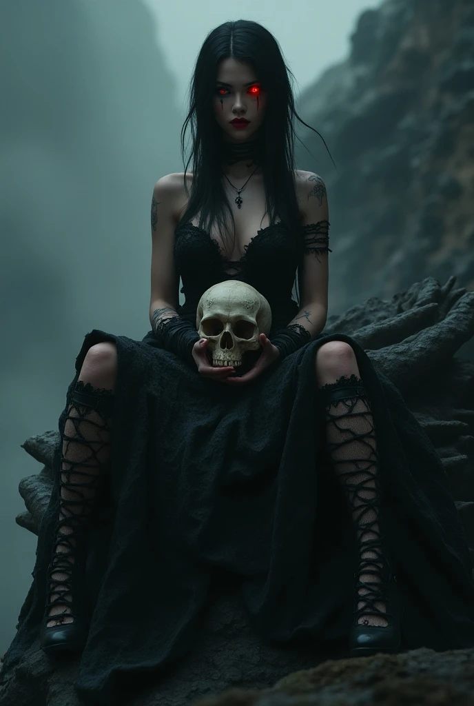 Imagine 😀, 35mm film photography, naked woman is sitting on a pile of human skulls,  her body tied-up with barbed, bloody, bleeding, pale, sadistic, barbed wire, bleeding, sitting position as if being executed, surrounded by many human skulls, scattered like after a massacre, surrounded by crows, underneath a pool of bloody water, in the middle of the desert, hands and feet tied with chains, body full of wounds, sensual body, big breasts, short wavy hair, beautiful Asian woman, tied with chains, in the sahara desert, showing a scary atmosphere, with many human corpses, dusk, fog, rain, very realistic, very realistic,.  a snow-covered mountain range, thick fog rolling in like waves, a beautiful and colorful sunrise, cinematic lighting, epic landscape, dramatic atmosphere, mist, morning light, highly detailed, photorealistic, 8k, masterpiece, breathtaking scenery, moody and atmospheric, vibrant colors, natural beauty, serene and peaceful, grand and majestic, picturesque, stunning vista, awe-inspiring, atmospheric, dramatic lighting, sweeping panorama, vast and expansive, epic proportions, hyper-realistic, wide angle, cinematic composition, realistic textures, intricate details, beautiful sky, glowing sun, ethereal mood