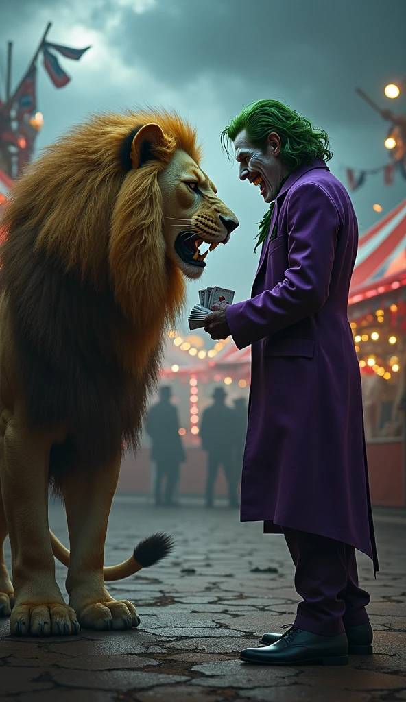 The Joker, now realizing he’s in for a fight, pulls out a deck of razor-sharp playing cards and flings them at the big cat. The father cat dodges swiftly, his movements quick and agile, his eyes never leaving the Joker.