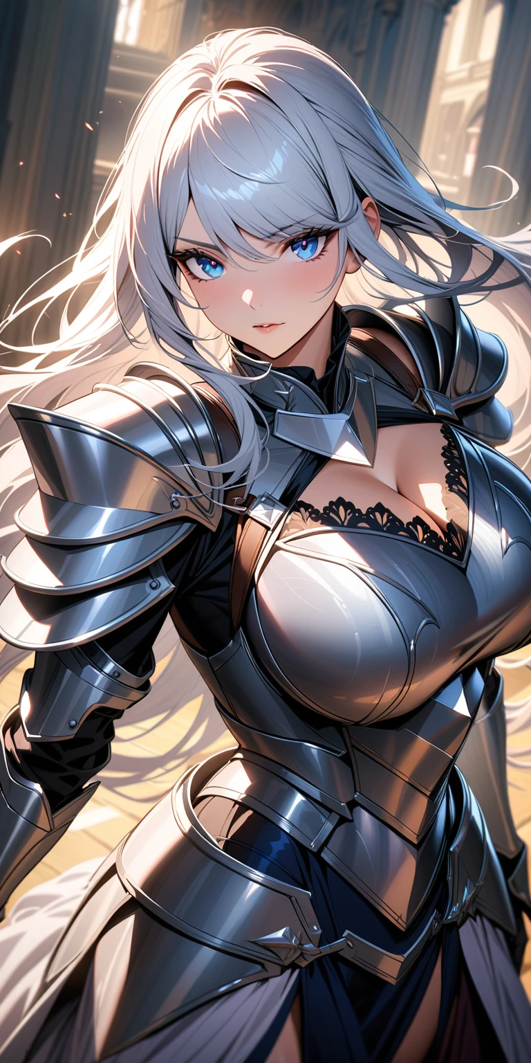 masterpiece, best quality, absurdres, 1girl, knight, armored dress, silver armor, chest armor, mature woman, long hair, silver hair, swept bangs, perfect eyes, blue eyes, gallant, big breasts, cleavage, ultra-detailed, soft light