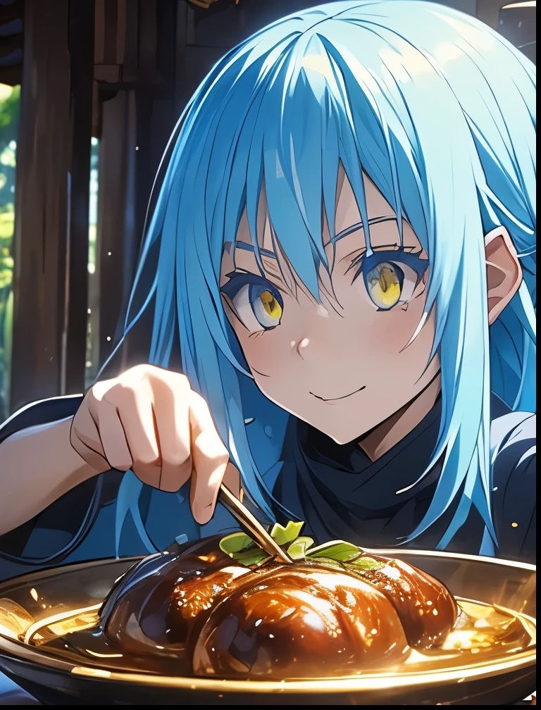 （（（ＳＦＷ、Precision、Highest quality、A first-class masterpiece、Normal body、8k、  Detailed Face 、Ultra-precision、 Normal hand、５refer to、Highest）））、-That Time I Got Reincarnated as a Slime-、Rimuru Tempest、Blue and silver hair、Golden Eyes、Eat meat and smile