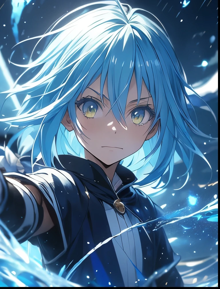 （（（ＳＦＷ、Precision、Highest quality、A first-class masterpiece、Normal body、8k、  Detailed Face 、Ultra-precision、 Normal hand、５refer to、Highest）））、-That Time I Got Reincarnated as a Slime-、Rimuru Tempest、Blue and silver hair、Golden Eyes、Sprinting