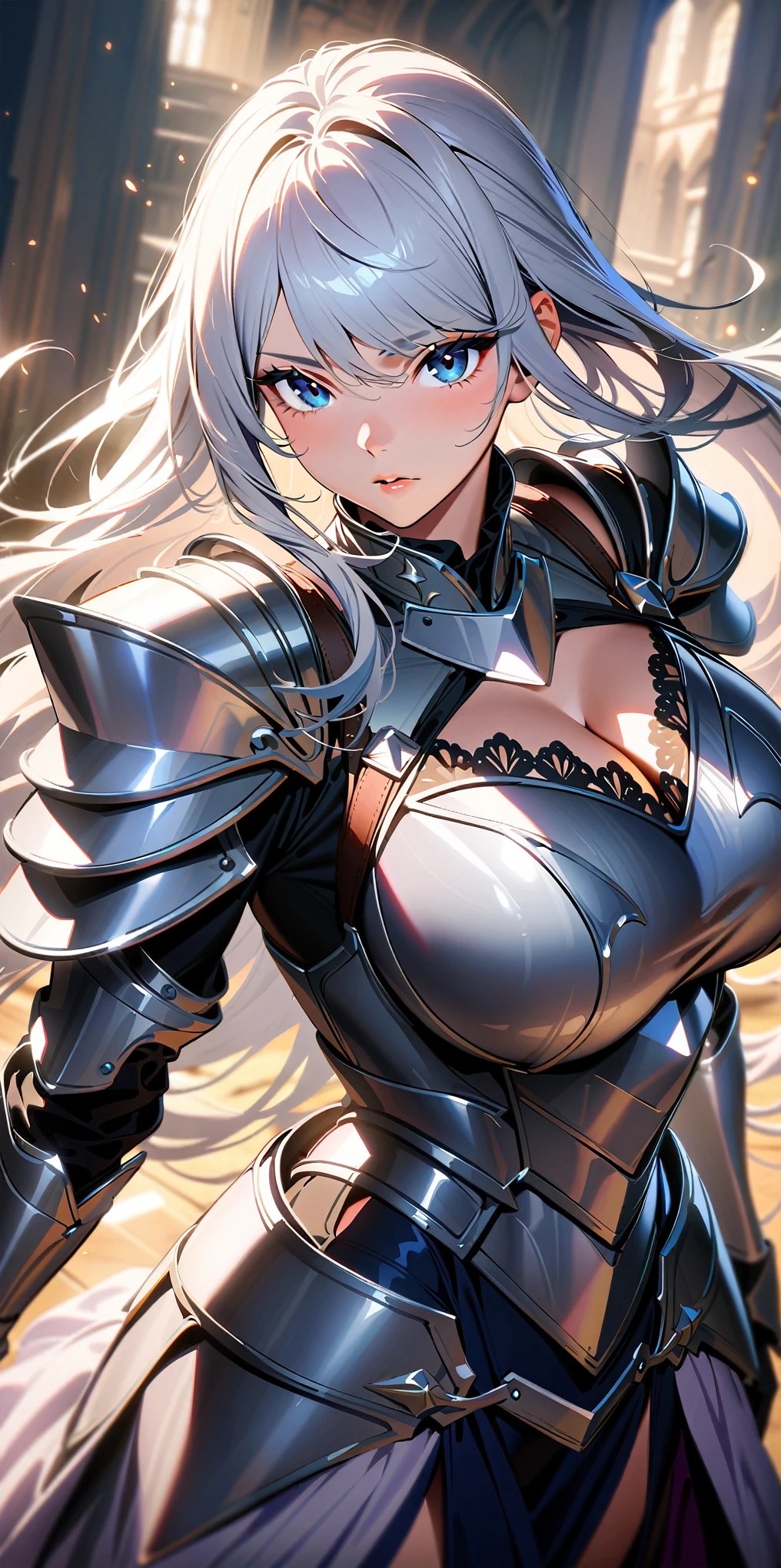 masterpiece, best quality, absurdres, 1girl, knight, armored dress, silver armor, chest armor, mature woman, long hair, silver hair, swept bangs, perfect eyes, blue eyes, gallant, big breasts, cleavage, ultra-detailed, soft light