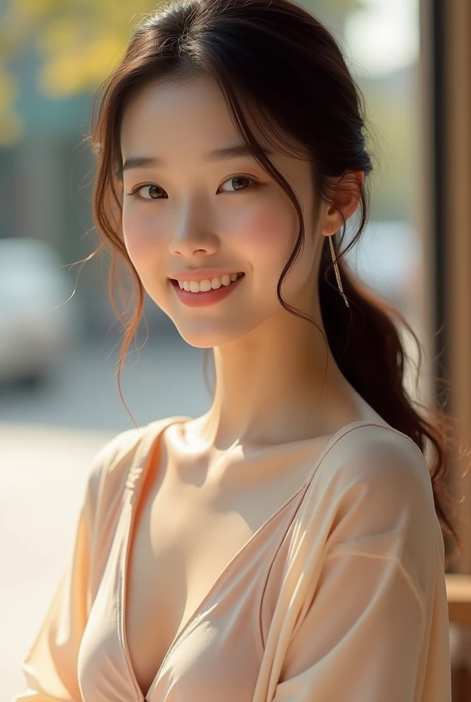 (((messy bun、Long hair))), top-quality, 8K, nffsw, Hi-Res, absurderes:1.2, blurry backround, bokeh dof:1.2, a picture, (Raw photography:1.2), (Photorealsitic:1.4), (masterpiece:1.3), (intricate detailes:1.2), 1girl in, 独奏, Korean 25 years old female, Goddess-like beauty、Slender features、Extraordinary beauty、Hair Twisted French、Beautiful sister、Bewitching smile、From Side, Delicate and beautiful details, (A detailed eye), (detailed facial features), 小柄, (((large full breasts))), Beautiful skin, ((up looking_で_viewer)), from a_front, (skiny), (top-quality:1.4), (超A high resolution:1.2), cinematric light, (Extremely detailed illustrations)、(lipgloss、top-quality、超A high resolution、depth of fields、Caustics、Broadlighting、Natural Shading、85 mm、ISO 200、1 / 160 seconds:0.75)、(((V-neck knit、Loose knitted shirt、Emphasizes cleavage)))、Luxurious Jewelry、Heart Earrings、A necklace that emphasizes the chest