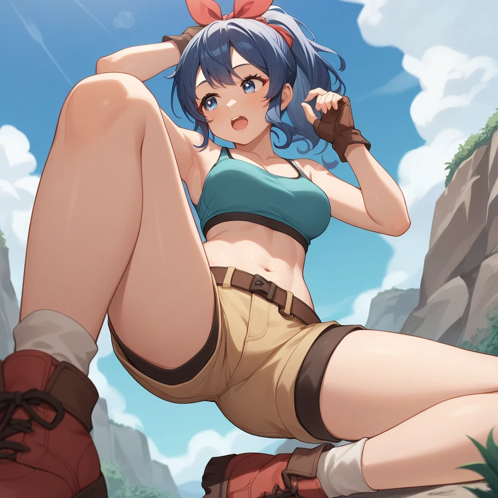 1girl, highest quality, best shadow, angle, brown pupils, breeze blow, (anime style), ((reflection light)), ((best quality)), 1080p, Detailed small breasts, Realistic skin feeling, headband, blue top, blue blouse, (pleated super short skirt:1.3), (mini skirt:1.3), leather gloves, socks, white sneakers, white shirt, pink neckerchief, panty focus, ((skirt lift)), (((emphasis on blue vest))), ((emphasis on short brown hair)), clenched fists, from below, look up to, Skirt flipping in the wind, arms outstretched, twirling, revolving, in mid air, panchira: 1.2, crop top overhang, perfect white panty, bright eyes, accurate teeth with gaps, (beautiful finely detailed eyes: 1.2)