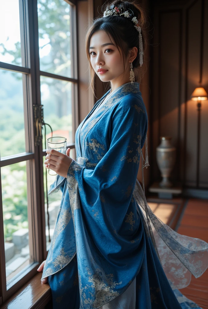 Alafite woman in a blue robe poses by the window, Digital art inspired by Ai Xuan,  Trends in CG Society , Fantasy Art, palace ， Girl wearing Hanfu,  trending on cgstation ,  beautiful and attractive anime woman ,  Anime Girl Cosplay , Japanese Goddess,  wearing ancient Chinese costume , White Hanfu,  Gouvez style art 
