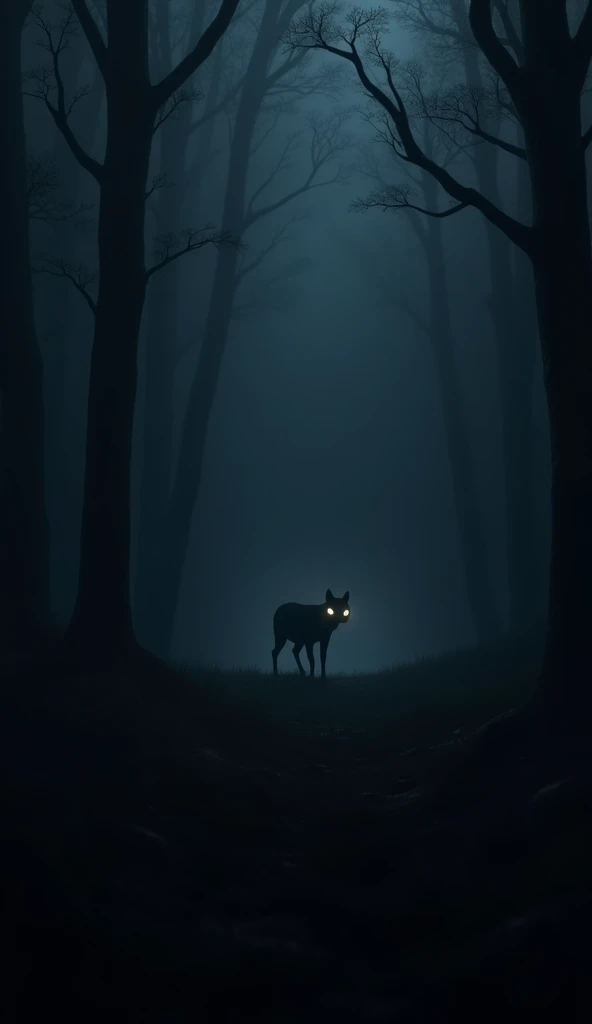 Completly Dark forest by night, nothing isbvisibke, only two glowing eyes od wild animal predator, the eyes are like light in dark forest