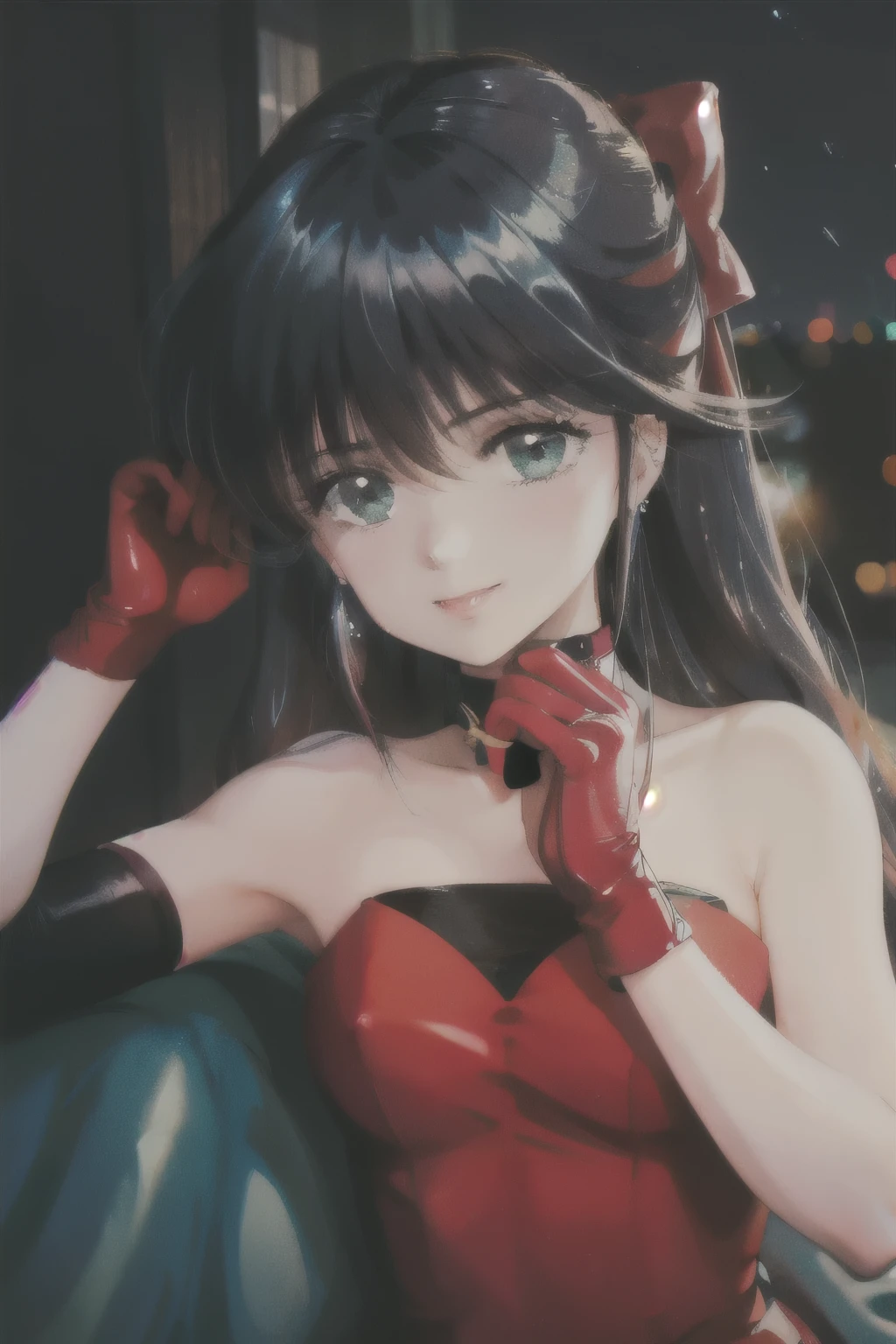 (masterpiece), Best Quality, expressive eye,  perfect face, perfect hand,  Dynamic Poses , dynamic Light, ray of Light, Detailed picture, high resolutiOn, Award-winning portrait photos , niniOnal geographic portrait photography styled, 
(鮎川madoka), きまぐれオレンジ☆ロード, Orange Road , madoka, ayukawa, 
 View Over Bed , 
 1 girl, alone, black hair, (very lOng hair:1.1),  eye , (charming eye), 
close-up, smile,  happy ,
 aurora , Front hair, Naked_ Shoulder s, black_background, black_Gloves, , bow, breast, city_Lights, cOnstelliniOn, dark_background,  dress,  earrings for a woman alone, Earth_(Planet),  evening _gown, fireworks, galaxy, Gloves, hair_between_eye, hair_bow, hand_On_own_arm,  jewellery, Light_particle,  Staring _in_ viewer,  medium_breast, Milky_way,  Knight ,  Knight _null, off_ Shoulder , Planet, pOnytail, red_bow, red_ dress, photograph_Star,  side lock, null,  It's Snowing , alone, Between null, Star_(null), Starry_background, Starry_null, Starry_null_printing,  upper _body,