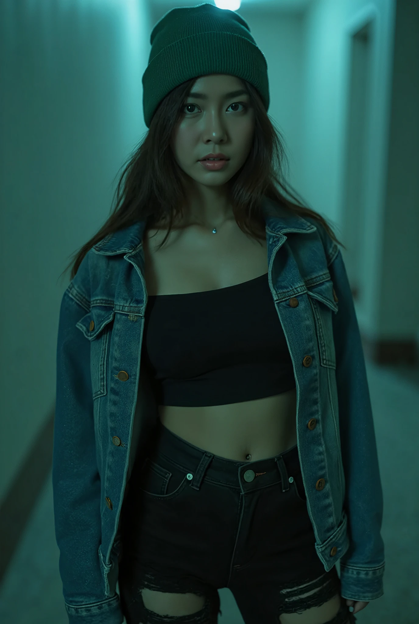 A portrait of a Thai woman with an intense expression, wearing a green beanie hat. She is dressed in a denim jacket over a black wide-neck shirt, paired with black jeans that are ripped just above the knees. The image has a cinematic, muted color palette with teal and green tones, giving it a dark, moody atmosphere. The lighting is soft and subdued, creating deep shadows and highlights on her face. The background is blurred with a slight blue-green tint, adding a mysterious and dramatic feel to the image. The overall style should look gritty and raw, like a scene from a psychological thriller film.
