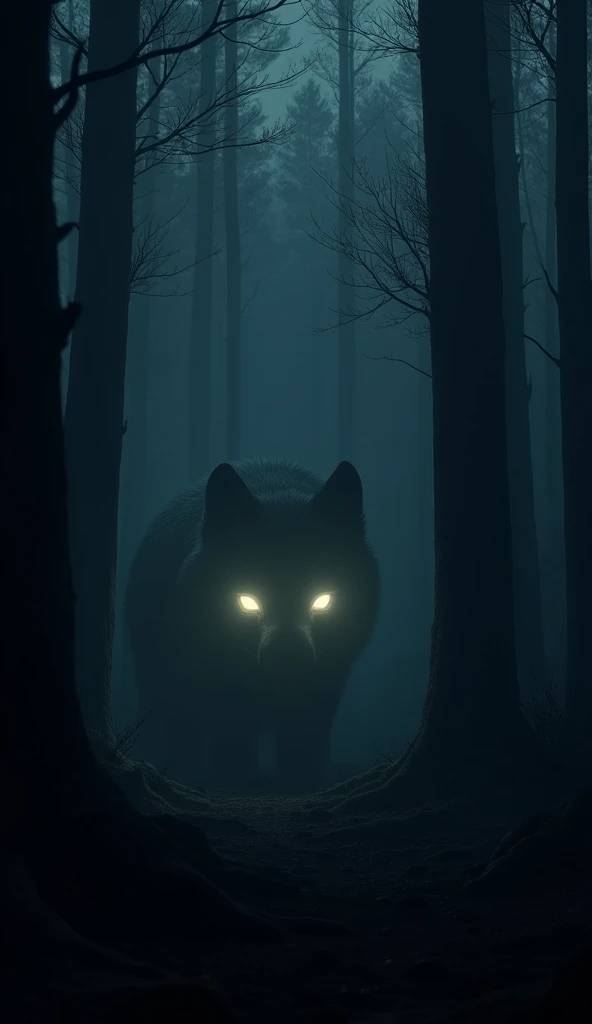 Completly Dark forest by night, nothing isbvisibke, only two glowing eyes od wild animal predator, the eyes are like light in dark forest