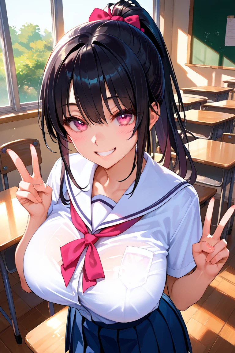 score_9, score_8_up, score_7_up, score_6_up, score_5_up, score_4_up, warm lighting, detailed eyes, high school uniform, ponytail black hair, pink eyes, smile, huge breasts, angelic, innocent, classroom, peace sign, from above