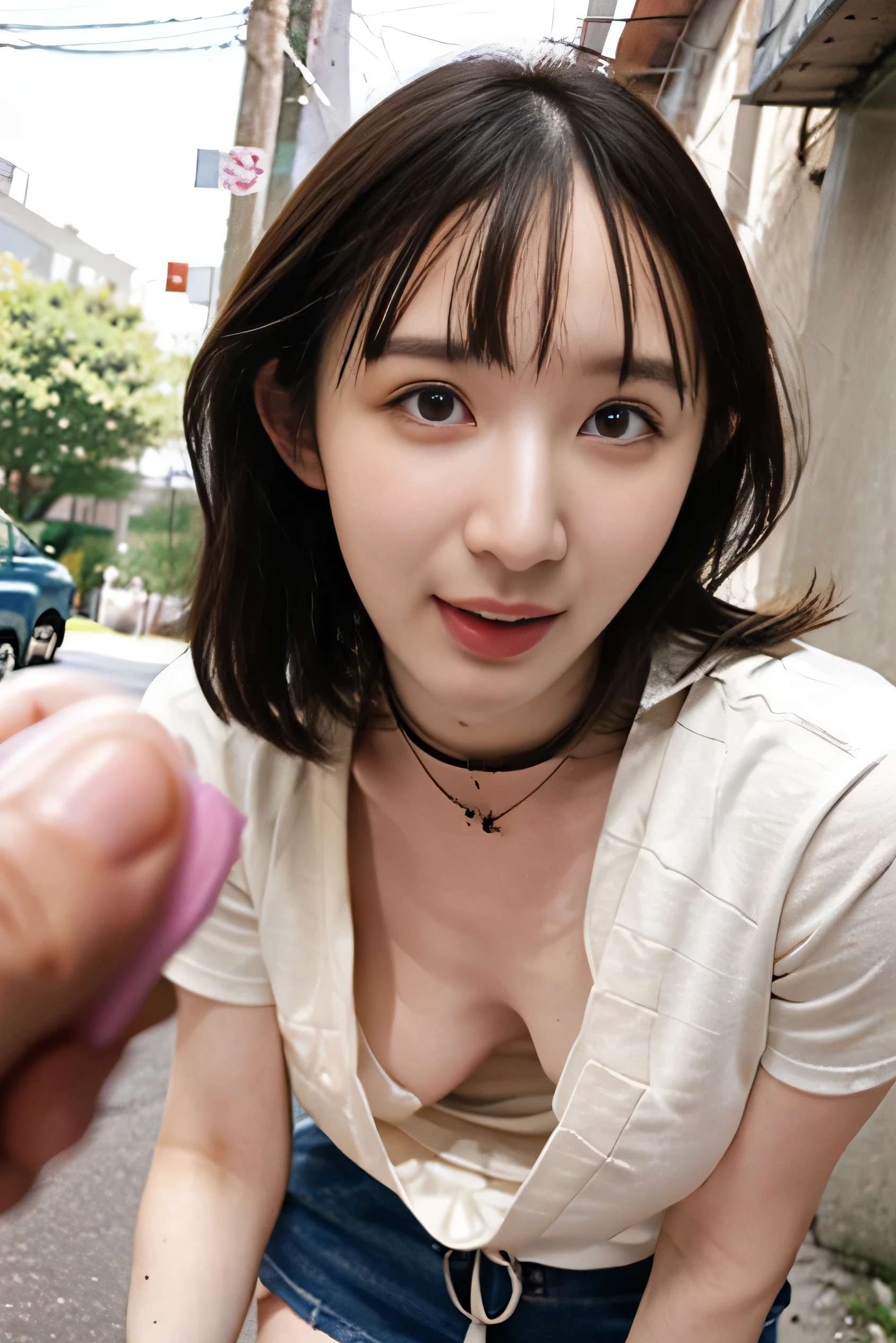 penis , pov, handjob , cum in mouth, (reality: 1.4),highest quality, masterpiece, high detail, 16K quality, beautiful, 1 beautiful girl,japanese,super beautiful face,,japanese idol face,cute face,super detailed face,detailed hand,beautiful skin,oily skin,big eyes,profeccional lighting,shorthair,black hair,brown beautiful eyes, big smile,sitting with knee up, (skirt lift),big breasts,see through white shirt,open button,cleavage cutout,(checked skirt),(white panties),(showing panties),cameltoe,black high socks,spread legs, she is looking at the camera,Skyscraper rooftop,blue sky, nsfw,from front,