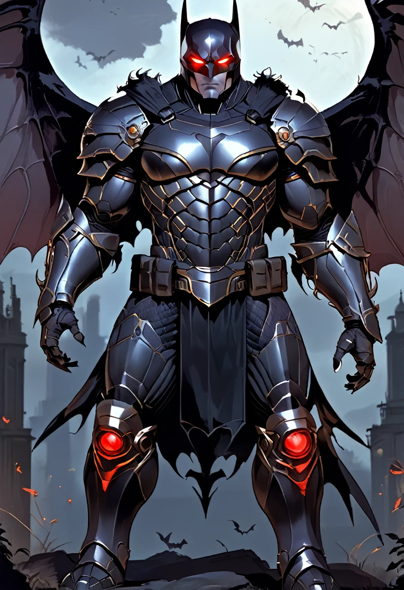 Appearance: Erebos is a massive titan, standing about 10 feet tall. His skin is dark gray and appears to be made of metal. He has glowing red eyes and wears black armor made of an unknown material, which covers most of his body. His arms and legs are muscular and appear to be able to lift tons of weight effortlessly. Erebos also has black, bat-like wings that he can extend to allow him to fly, 8k high definition