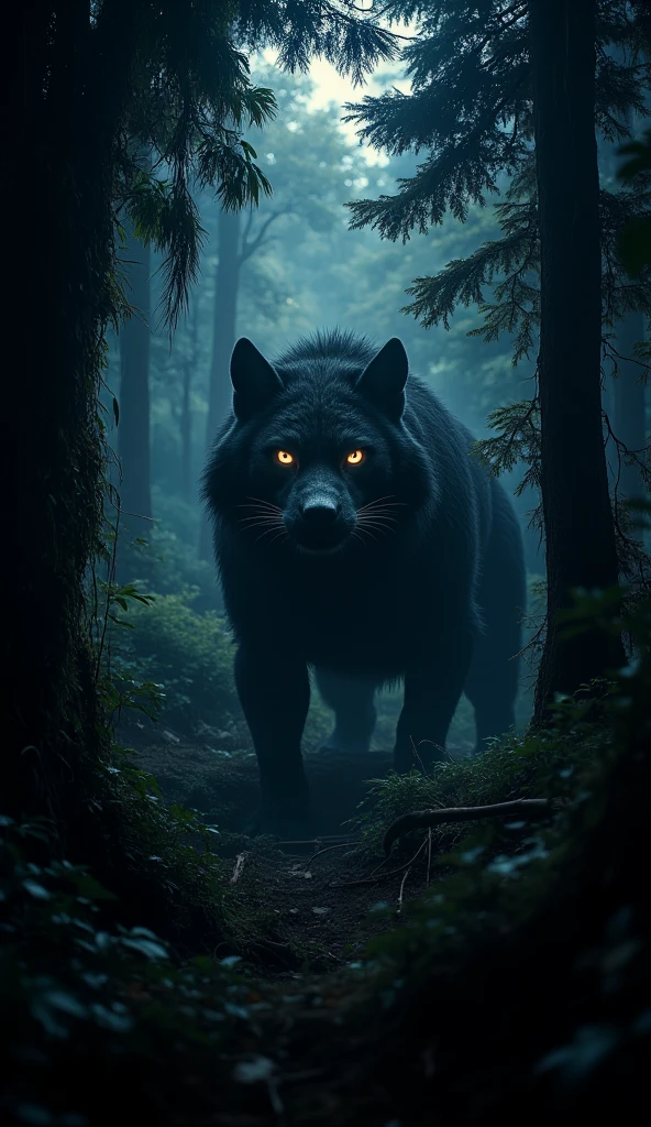 Completly Dark forest by night, nothing isbvisibke, only two glowing eyes od wild animal predator, the eyes are like light in dark forest