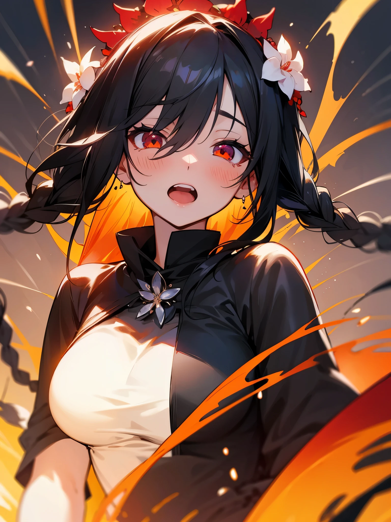 (masterpiece, top quality, best quality, official art, beautiful and aesthetic:1.2), blindfold, solo, 1girl, open mouth, long hair, long sleeves, bangs, smile, upper body, bandages, shirt, extreme detailed,highest detailed, optical mixing, playful patterns, lively texture, unique visual effect