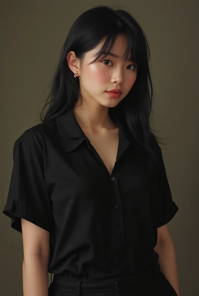 (semirealism:1.2), shoot from the upper angle, inside apartment, bed in the background, COD game character: König poster on the background, golden hour, beautiful woman, freckles on face, pale skin, jet black hair, ponytail without bangs, short ponytail, black eyes, wearing black milkmaid dress, warm color, cheerful face, youthful face, holding a wet black t-shirt in one hand