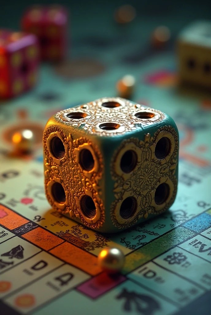 A macro view of a set of pirate's dice and a pile of gold coins on a rough tavern table. The dice, made of bone and weathered from use, are thrown casually beside the coins, which vary in size and design, some bearing the faces of forgotten monarchs. The focus is on the texture of the bone dice, the intricate engravings on the coins, and the contrast between these objects and the scarred wooden table. This scene captures the gambles and fortunes won and lost in the underbelly of pirate society.
