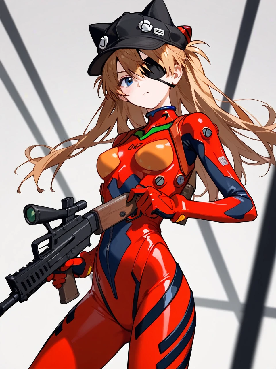 Souryu Asuka Langley, (masutepiece, Best Quality, Detailed), 1girl in, Solo, Arms behind your head, Cowboy Shot, Interface headset, Red bodysuit, Simple background.